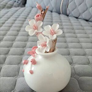 Ceramic Vase with Pink Blossom Branch – White